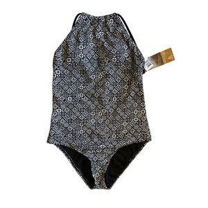 Reef Womens Black White Geometric Tile Print‎ High Neck One Piece Swimsuit Vaca